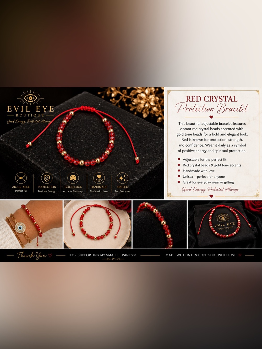 Red Crystal Protection Bracelet with Gold Beads